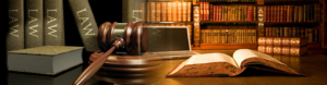 A gavel in a library about law