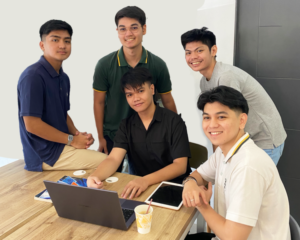 A group of people hanging out on a table