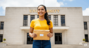 A student holding an envelope in front of a university building