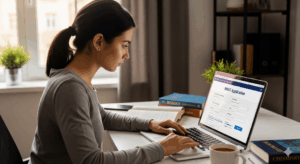 A person registering for the NMAT in their laptop