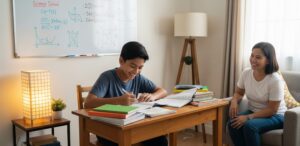 A student studying with many textbooks with their mother helping them