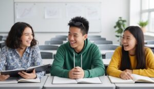 Three people in an empty classroom reviewing