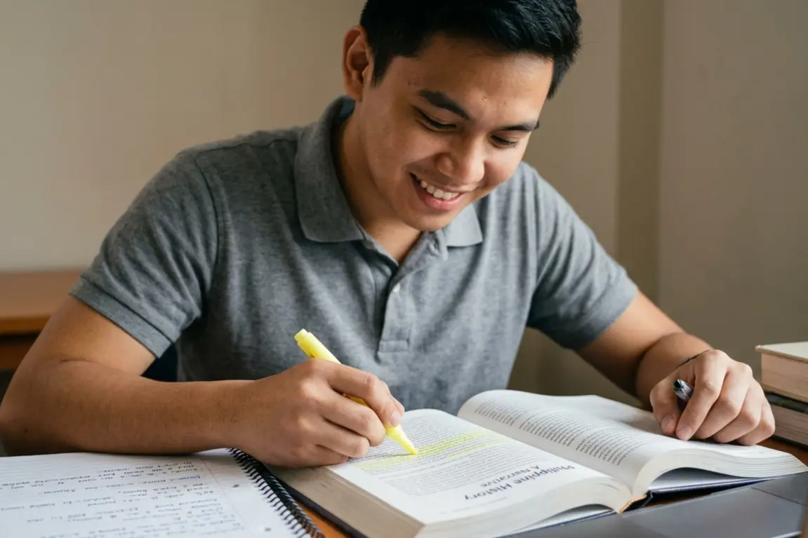 A student reviewing by highlighting a page in a textbook